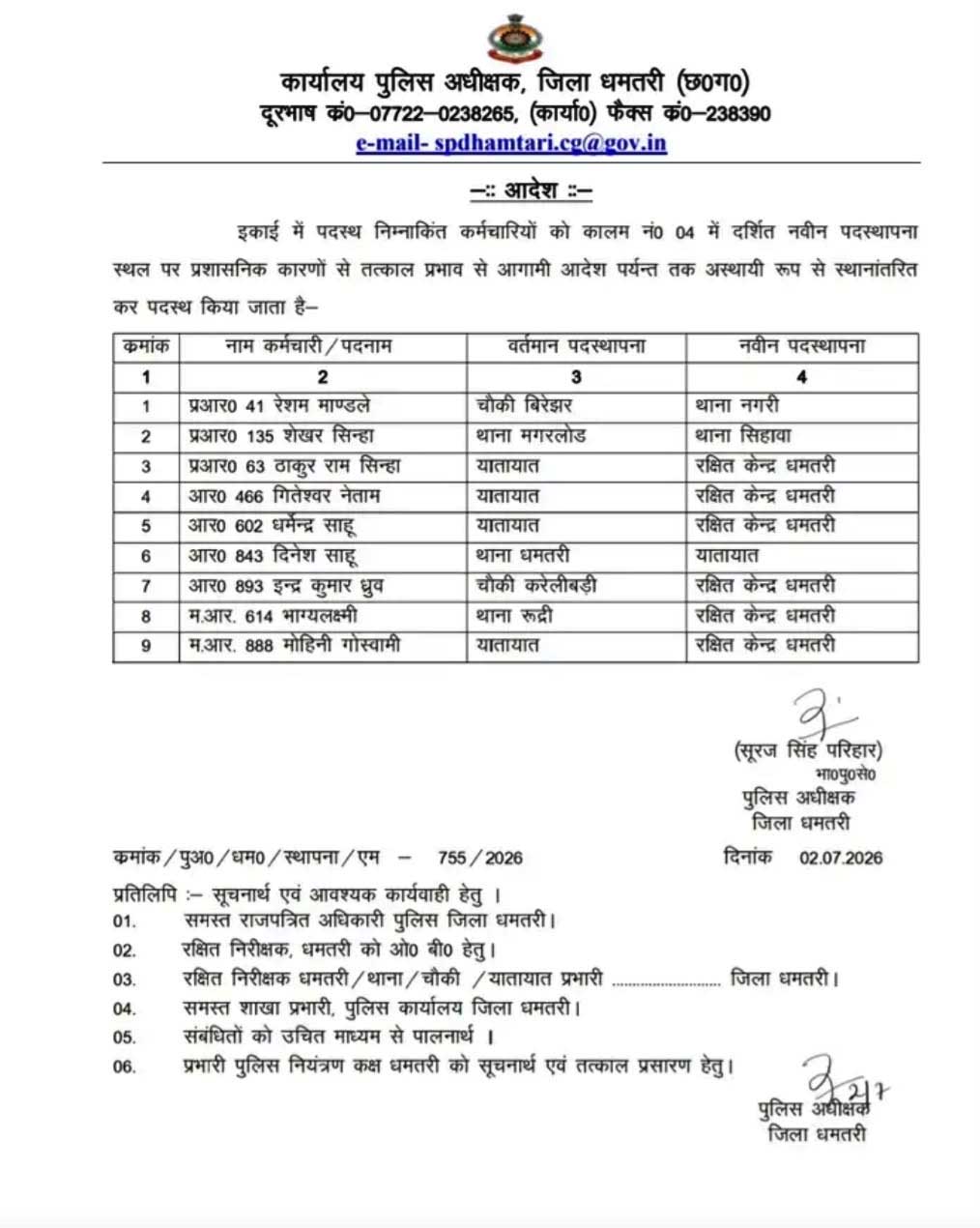 officers and personnel transferred