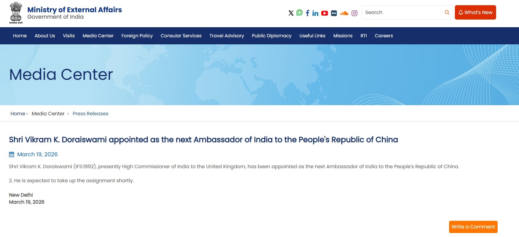 Vikram Doraiswami Ambassador China