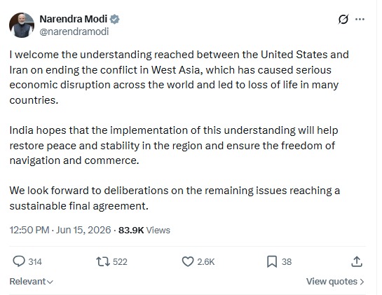 PM Modi welcomes US-Iran peace deal