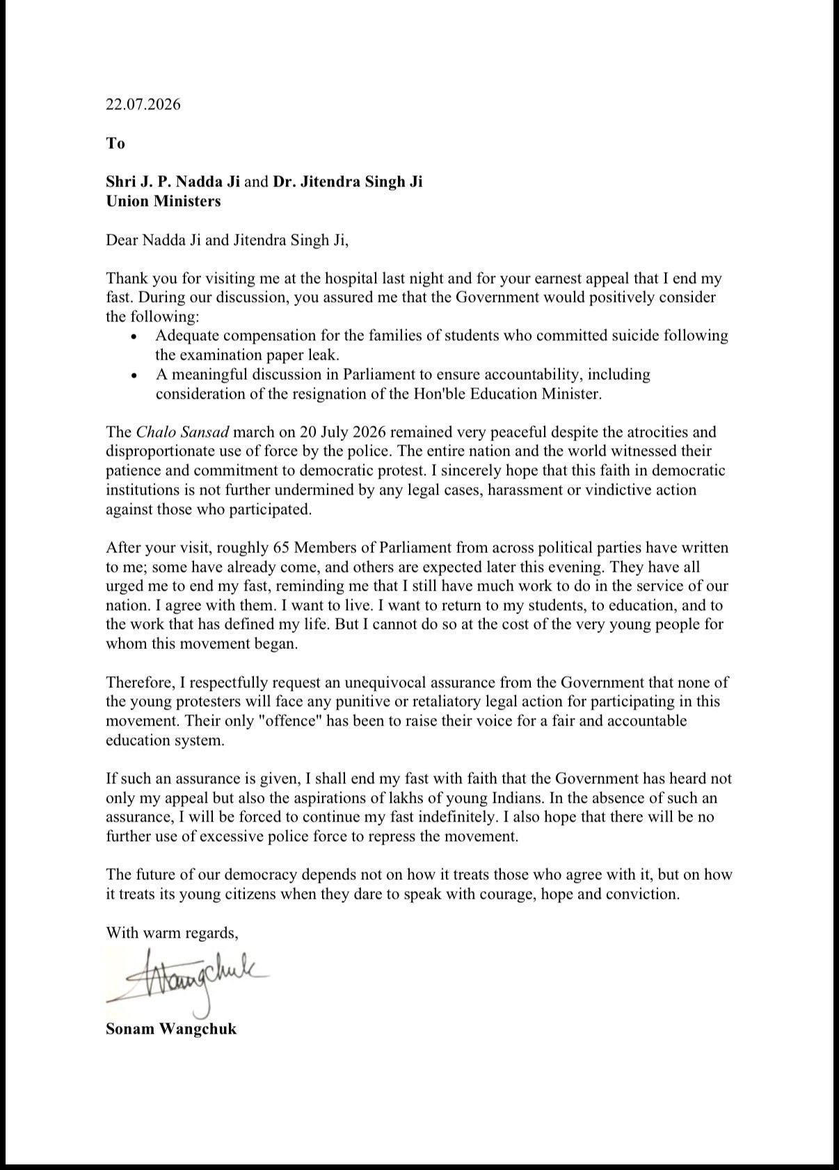 sonam wangchuk letter