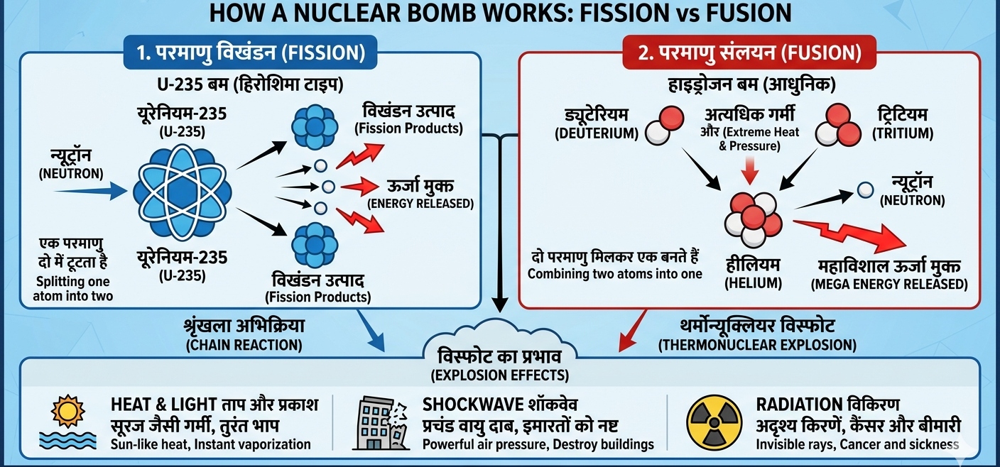 working of a nuclear bomb: fission vs fusion process